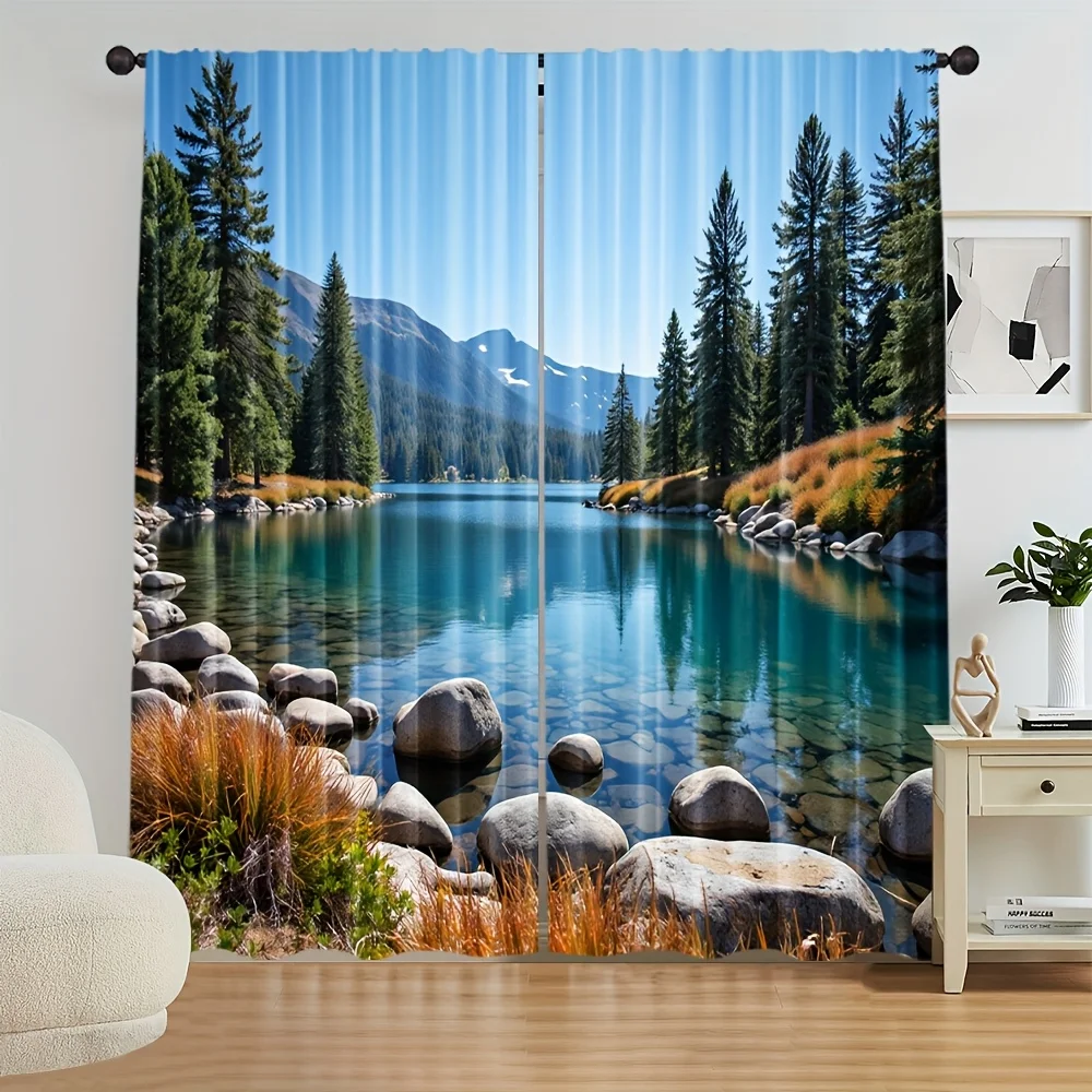 2 Panels Minimalist Forest Lake Landscape Rod Pocket Curtains Nature Scenery Art Print for Bedroom Living Room Home Drapes