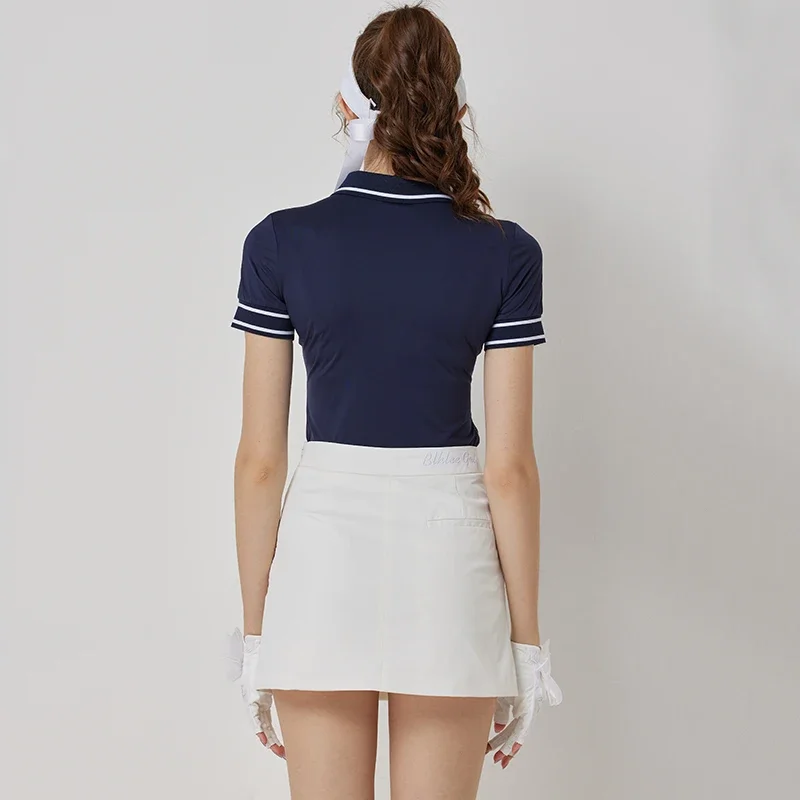 Blktee Women Short Sleeve Golf T-shirt Striped Polo Tops Lady Slim High-waisted Culottes Split Pencil Golf Skirt Korean Style