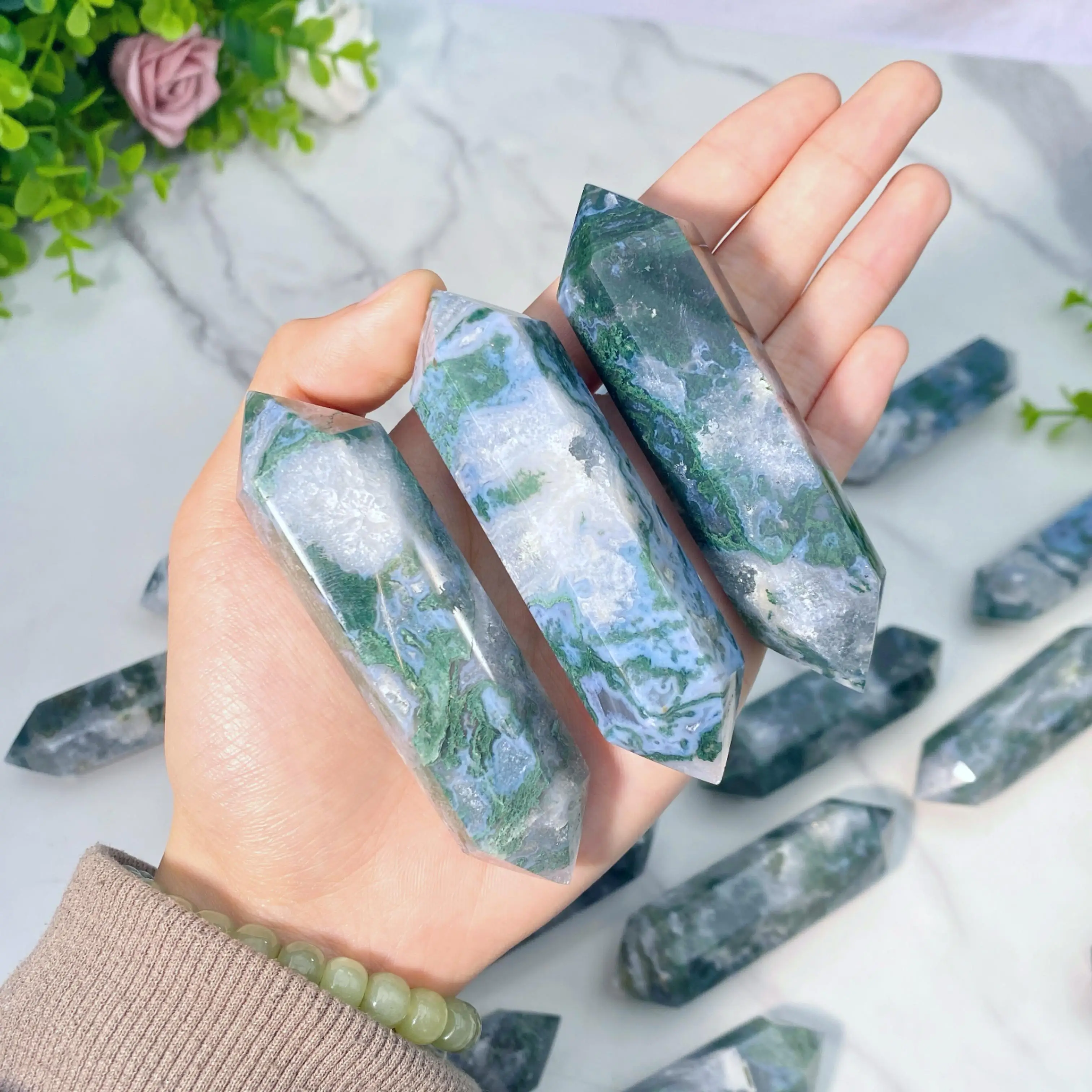 

Случайный 1 шт., двойная точка из мохового агата, кристалл линерала, изготовление ювелирных изделий и декоративный камень, подарок для семьи и друзей, украшение дома