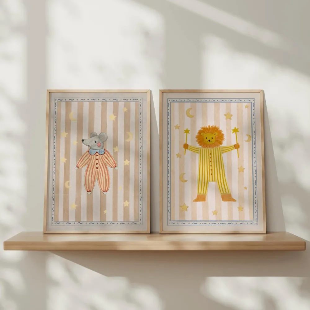 2pcs Frameless,Retro Nursery Prints,Lion and Mouse Wall,Neutral Decor,Whimsical Circus Animals,Beige Nursery Poster Collection
