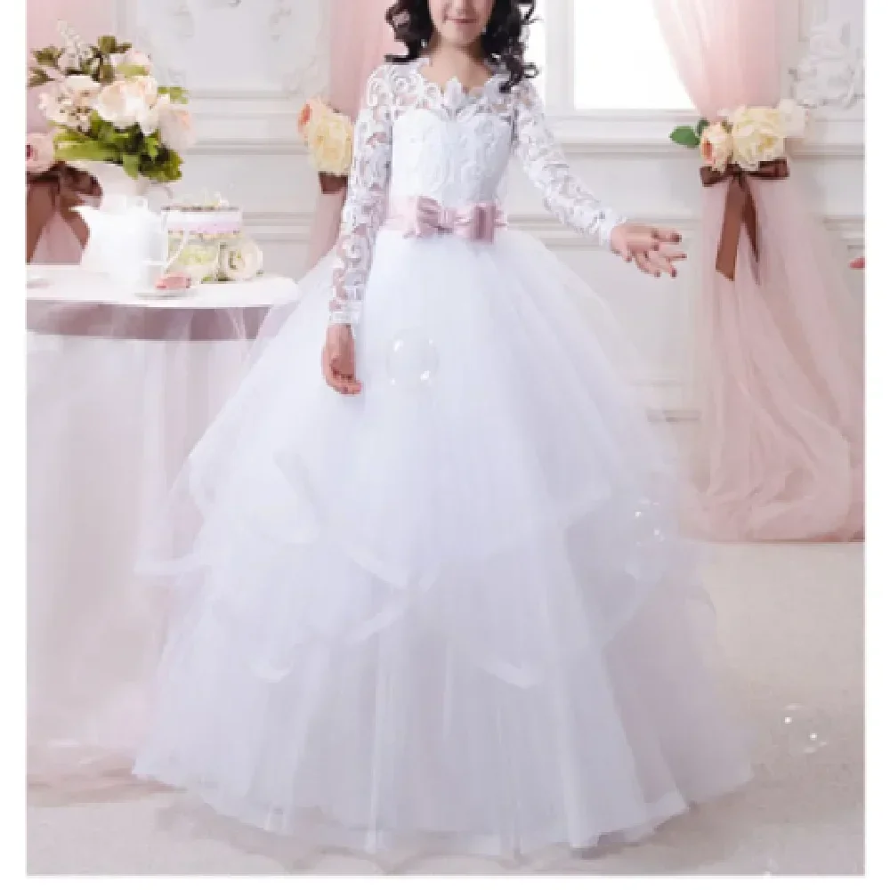 Abiti da ragazza di fiore in pizzo bianco Fiocco di pizzo soffice per abiti da ballo in tulle a maniche lunghe da sposa Spettacolo di prima comunione per ragazza