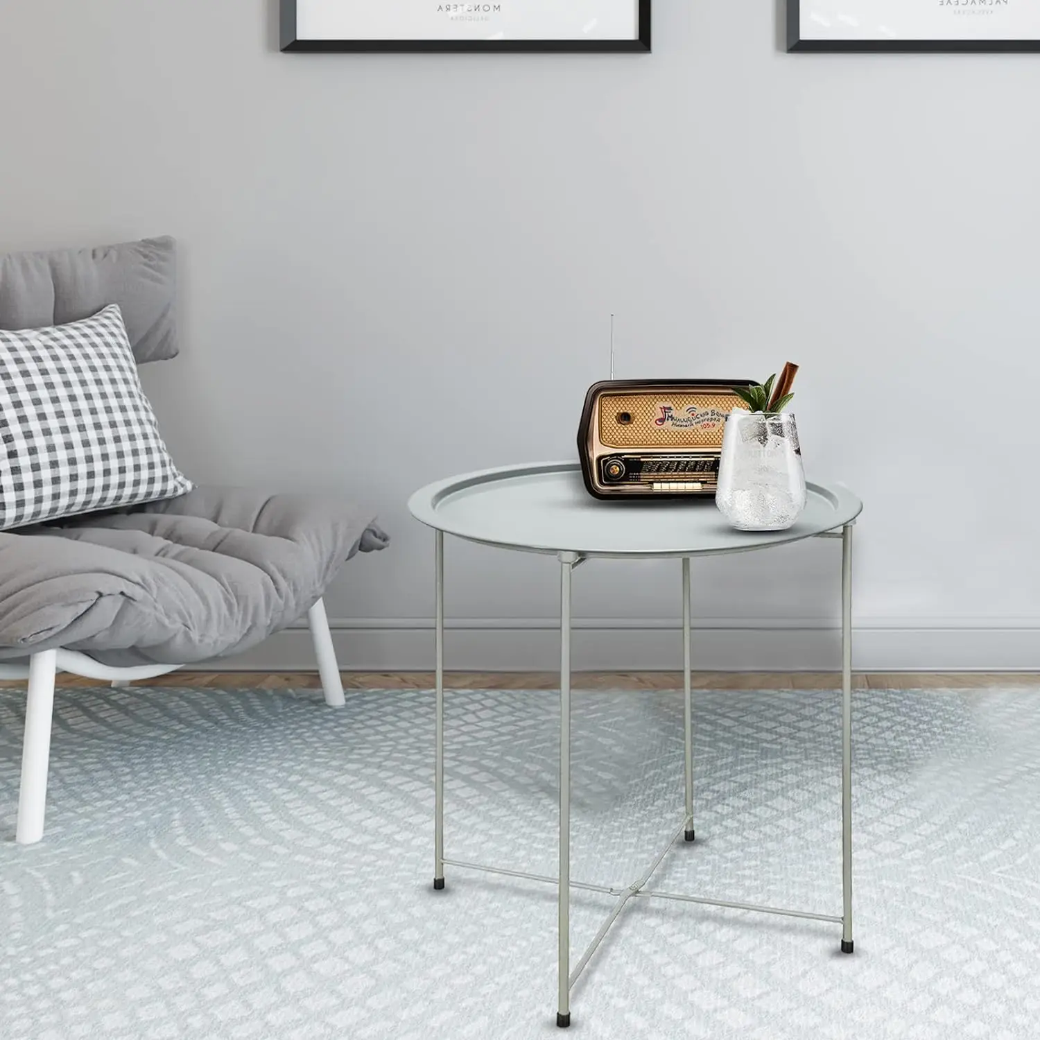 Round Side Table Coffee and Tea Table, 47 X 51cm, Metal Tray, Bedside Table Sofa Table for Living Room Bedroom Balcony Patio