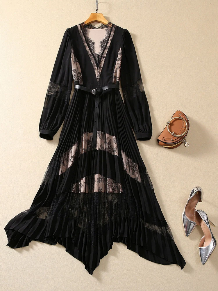 Autumn Fashion Designer Black Vintage Spliced Dress Women V Neck Long Sleeve Lace Sashes Gathered Waist Slim Long Dress