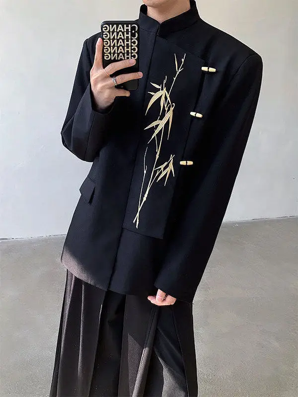 

Chinese Sle Embroidered Suit Wedding Engagement Ceremony Men's Faionable Stand Collar Jaet Metal Button Casual Wear