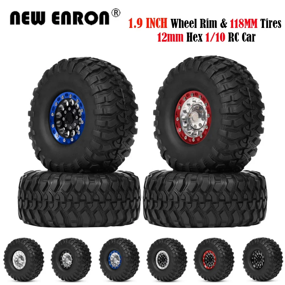 4Pc 1.9Inch Metal Beadlock RC Rims Rubber 118mm Wheels Rock Tires for 1/10 RC Car YIKONG MST TF2 TRX4 D90 D110 Axial SCX10 90046