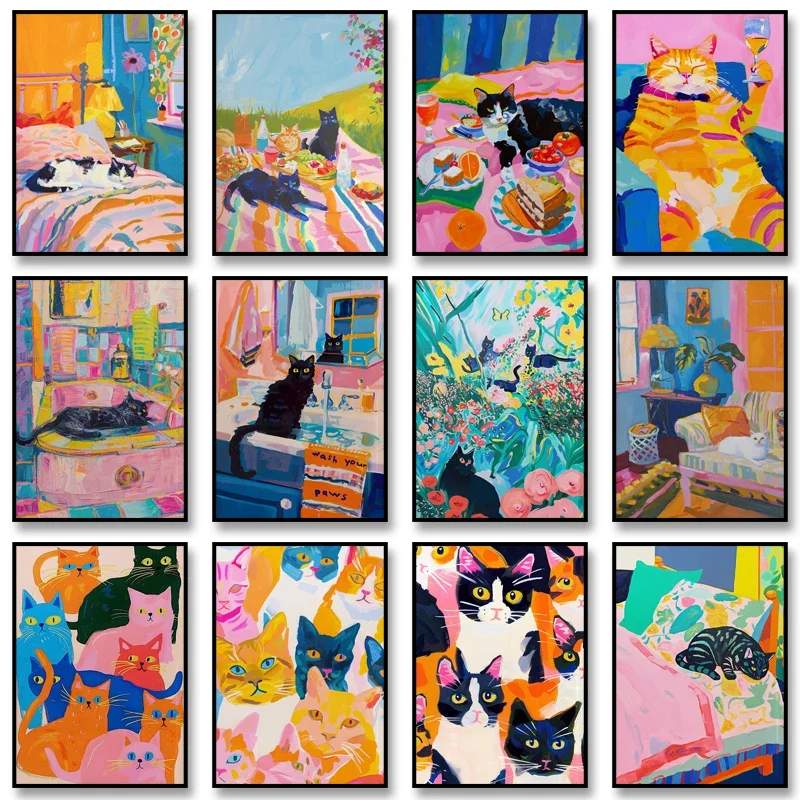 

Maximalist Bathroom Decor Poster Trendy Cat Canvas Painting Dopamine Print Kitsch Aesthetic Wall Art Pictures for Home Decor