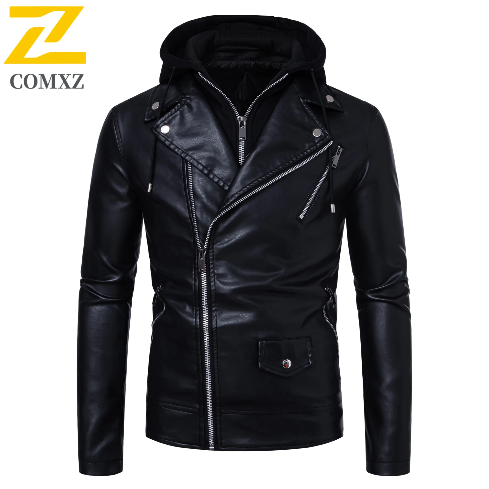 2025 New Leather Jacket Men's Vintage Fake 2 Pieces Hooded Windproof PU Leather Coat Autumn Man Motorcyclist Faux Leather Jacket
