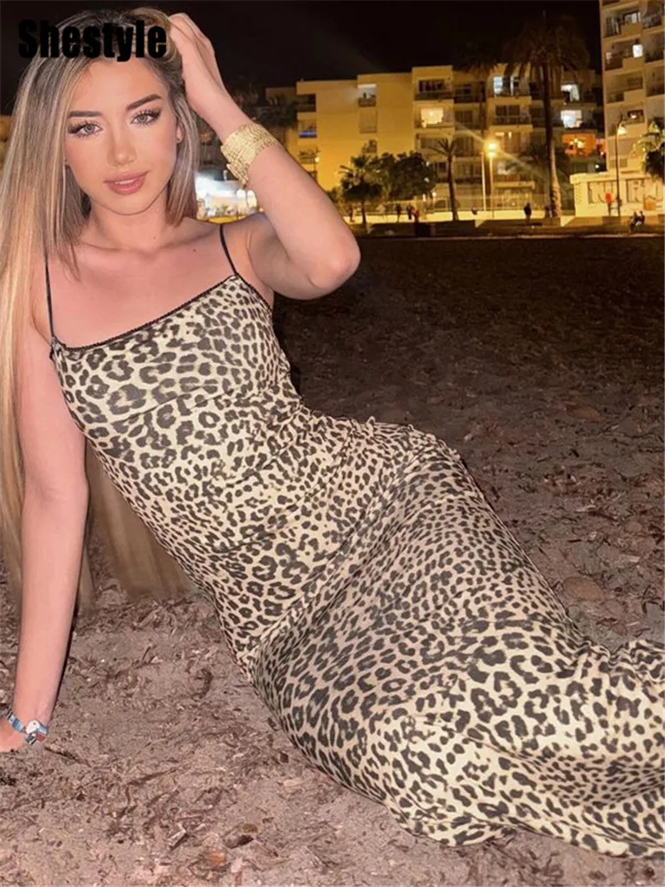 

Shestyle Backless Spaghetti Strap Pencil Dresses Women Beachwear Leopard Square Neck Sleeveless Hipster Skinny Summer Partywear