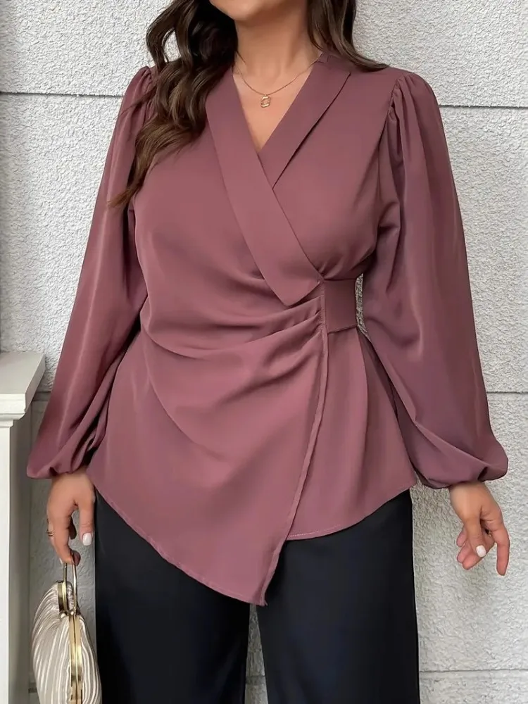 L-4XL حجم كبير المرأة بلوزات فضفاضة السيدات عادية الخامس الرقبة طويلة الأكمام قميص بلوزة 2026 الربيع الصيف نمط جديد كبير الحجم