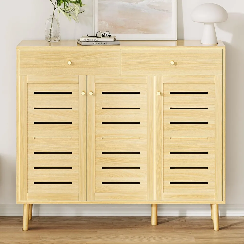 

Mid-Century Shoe Storage Cabinet with 2 Drawers-Parent (Natural Wood Finish, 47 Inch)