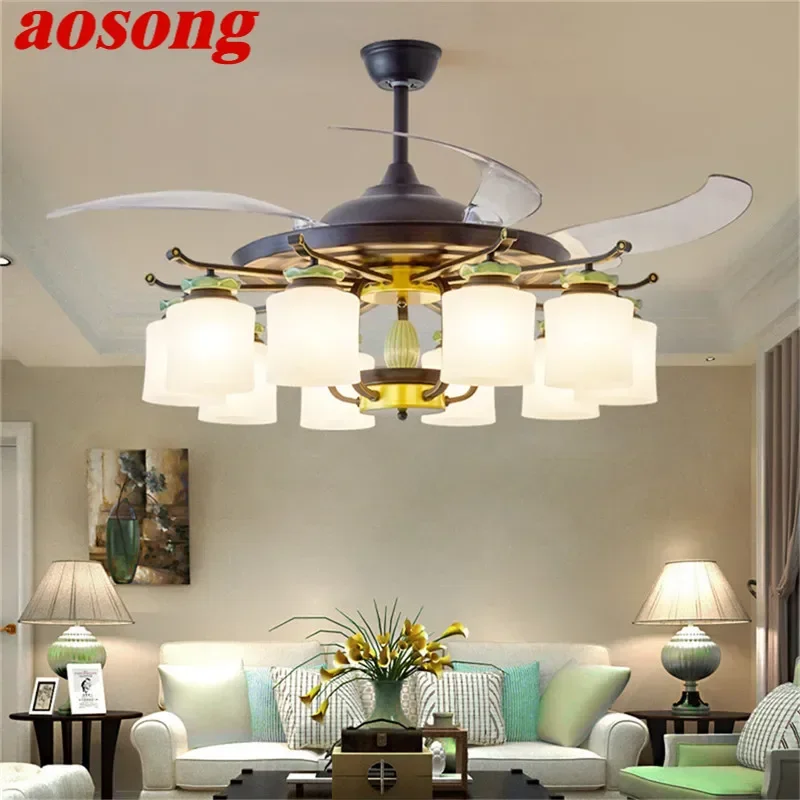 AOSONG Modern Stealth Fan Light Luxury Living Room Restaurant Bedroom Ceiling Fan Light Remote LED Electric Fan Light