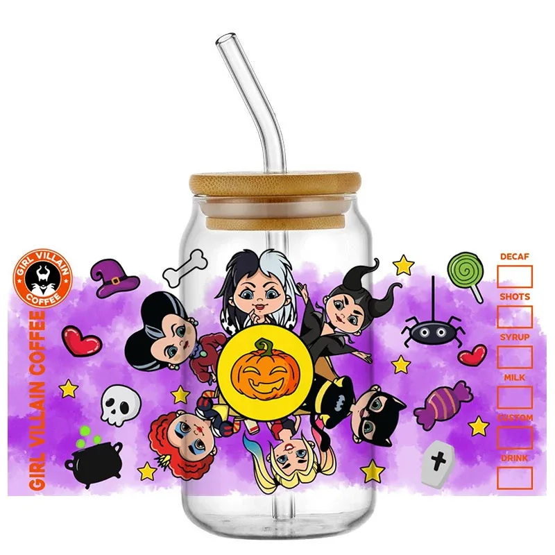 

New 3D Cartoon Design UV DTF Cup Wrap Sticker for 16oz Libbey Glasses Washable Villains Series DIY Mug Transfer Sticker