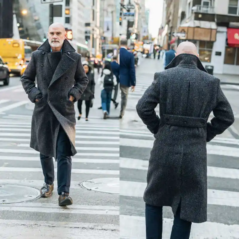 

Autumn Winter Men Long Overcoat Woolen Double Breasted Coats Herringbone Casual Warm Male Clothing Customized