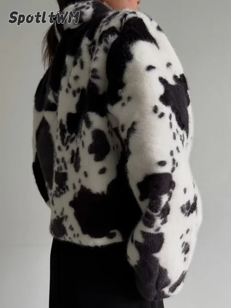 Women's Cow Print Cropped Faux Fur Jacket Turn‑down Collar Zip‑up Long Sleeve Casual Furry Short Outerwear Ladies 2026 Fashion