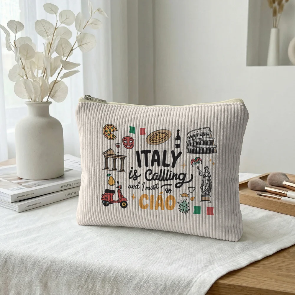 Italian Elements Pattern Cosmetic Bag Italy Is Calling Design Capacity Smooth Zipper Fits Skincare Makeup Toiletry Daily Travel