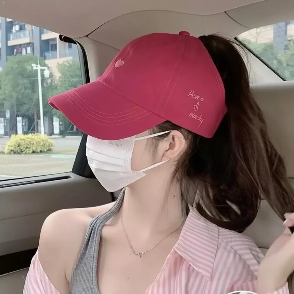 Women High Ponytail Baseball Cap Heart Embroidered Empty Top Sun Hat Adjustable Solid Color Beach Visor Hat