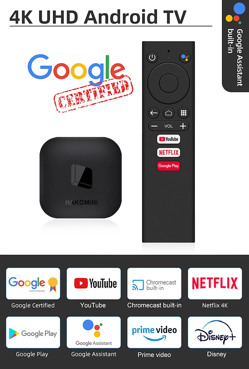 HAKO Mini TV BOX AndroidTV Amlogic S905Y2 Quad Core BT Google Assistant 2.4G/5G Dual Wifi 4K UHD Vide Player Set Top Box