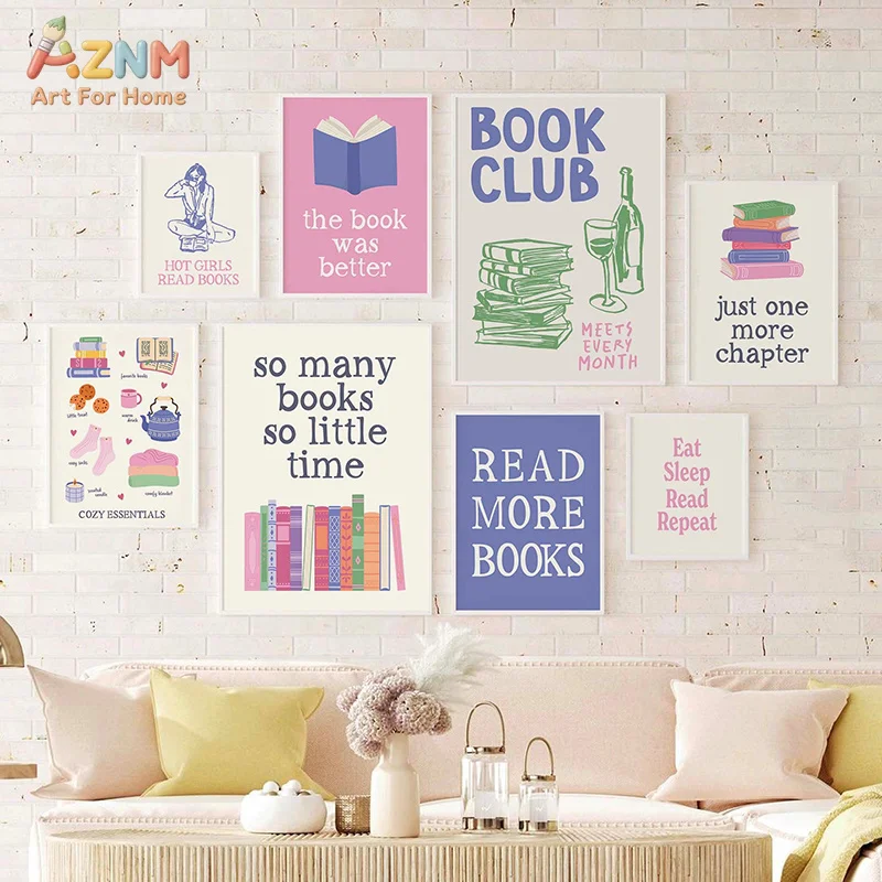 AZNM Book Club Canvas Print Colorful Book Wine Pattern Library Quote Reading Themed Unframed Canvas Wall Art Study Room Book Noo