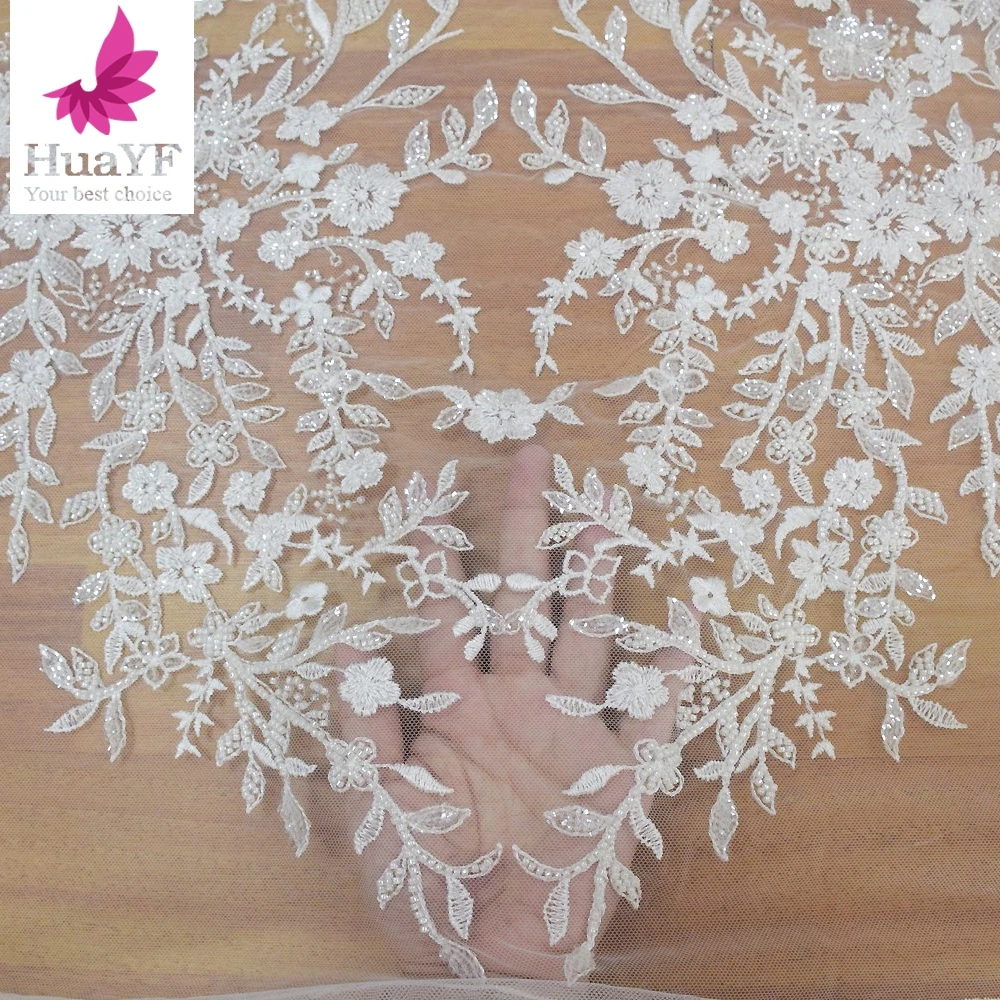 Elegant Mesh  Embroidery White Floral Beads Sequin Lace Simple Bridal Dress Fabric 5 Yards HY1132 5 Yards HY1132