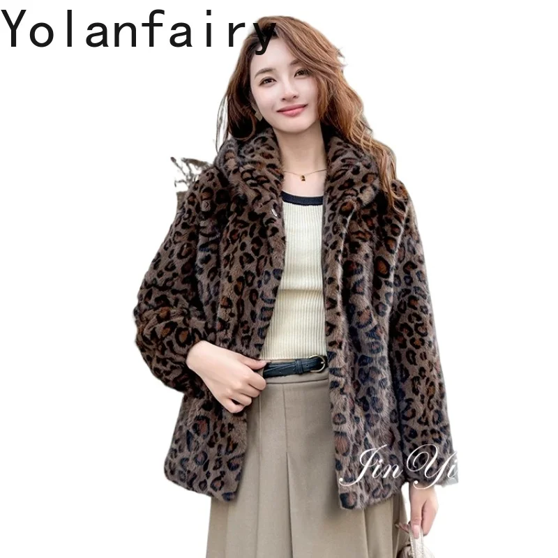 YOLANFAIRY High Quality Real Mink Natural Fur Coat with Hood Woman Clothing Winter Fashion Leopard Fur Jacket Mink Coats Short