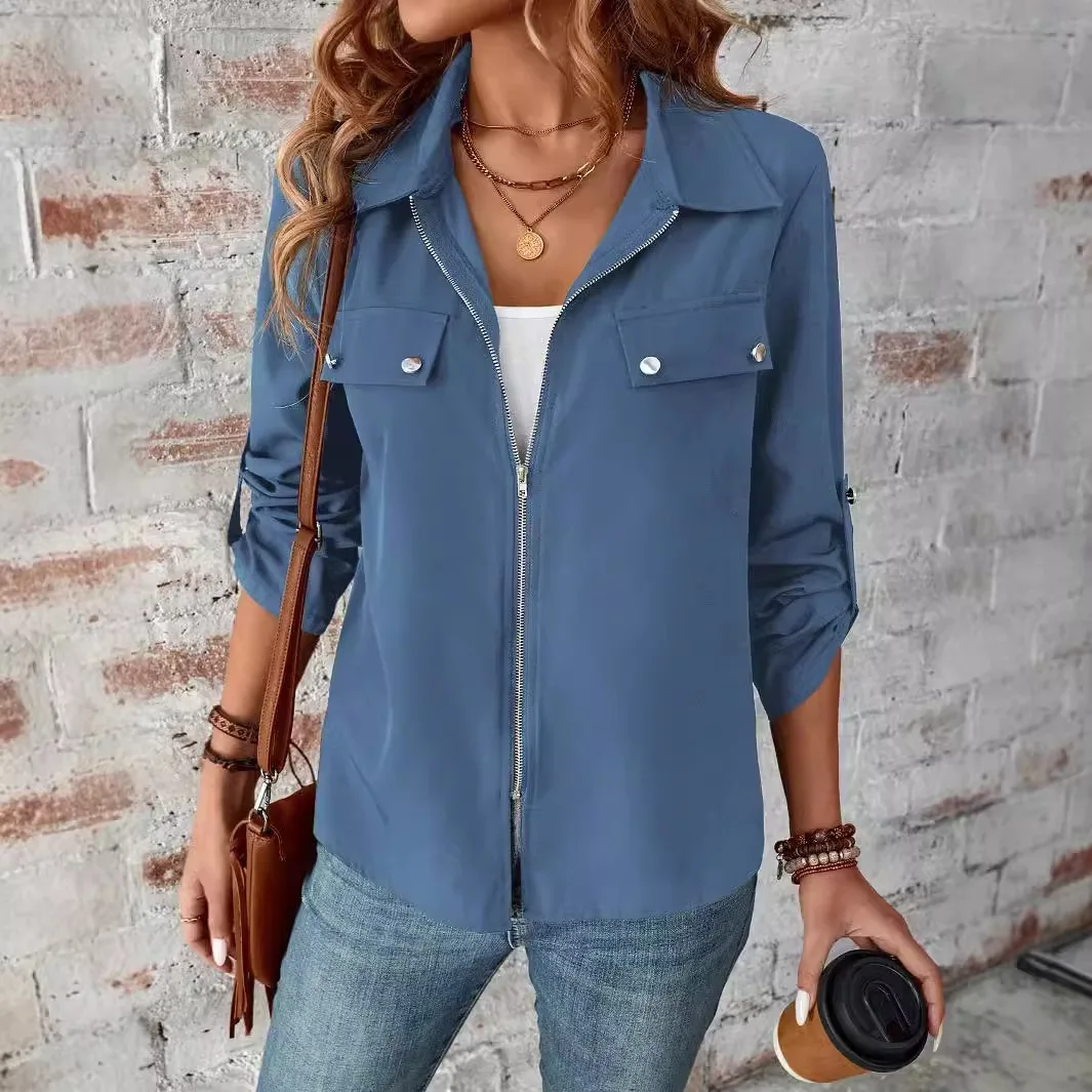 Women's Spring and Autumn New Fashion Lapel Zip-up Cardigan Pockets Hat Decoration Solid Color Long-sleeved Slim-fit Jacket Y2k