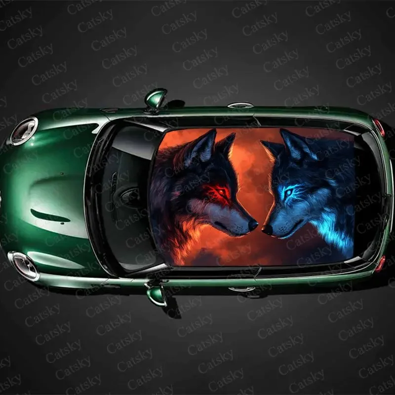 

Ice Fire Animal Wolf Eye Print Car Roof Sticker Wrap Racing SUV Auto Accessories Packaging PVC Car Hood Graphic Decal Decoration