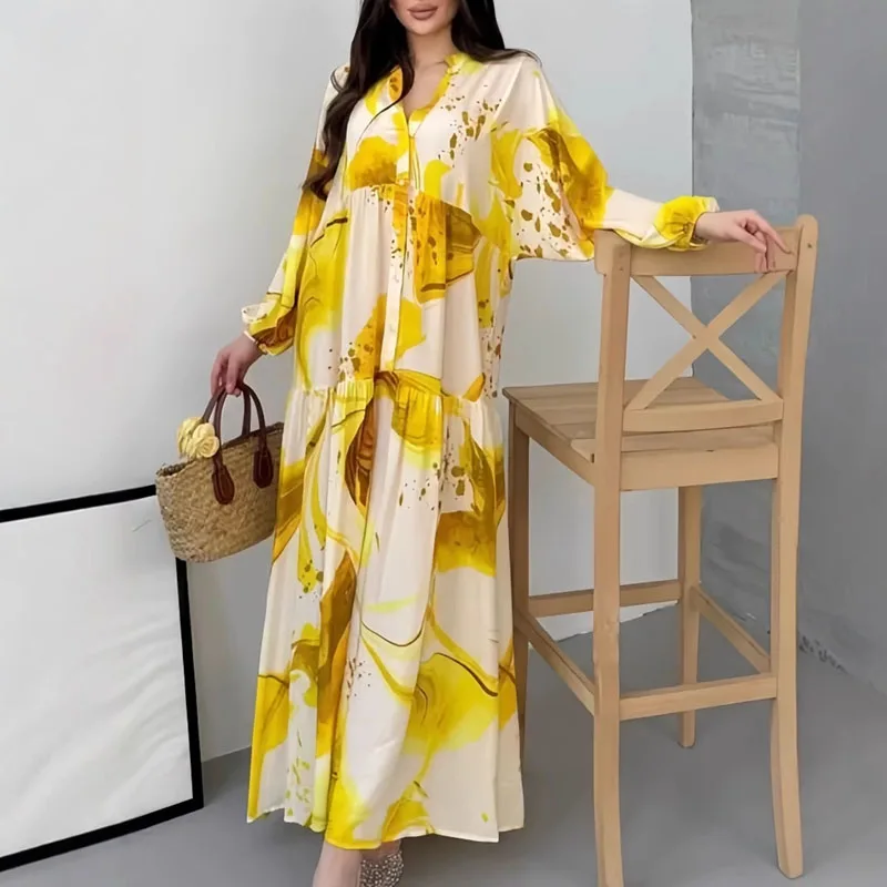 عارضة نمط طباعة فضفاضة مطوي فساتين طويلة امرأة أنيقة الخامس الرقبة زر مكتب قميص اللباس الخريف طويلة الأكمام البوهيمي اللباس
