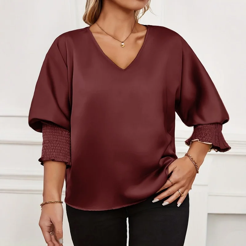 เสื้อผ้าผู้หญิงไซส์ใหญ่ ผ้าซาติน แขนยาว คอวี ทรงหลวม แฟชั่นลำลอง สไตล์ทำงาน