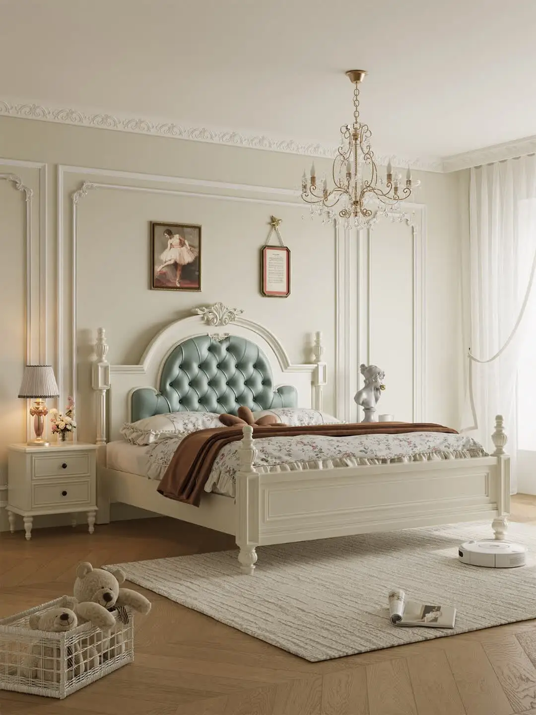 French light luxury, walnut white solid wood bed, leather soft, cream wind double master bedroom 1.8m storage wedding bed