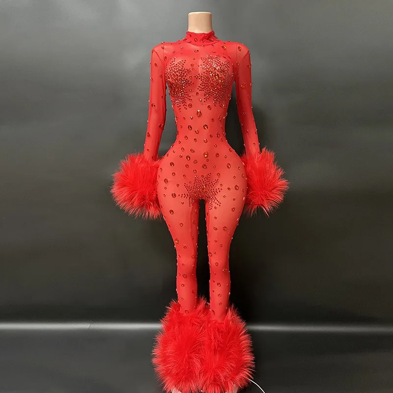 

New Sexy See-through Red Fur Stone Club Wears Jumpsuit Long Women's Jumpsuit Party Party High-end Performance Dress 파티 드레스