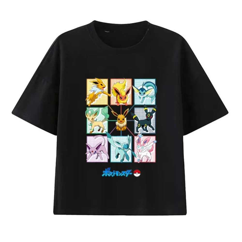 Herren New Pokémon Handheld Game Eevee Cartoon Print T-Shirt Sommer Herren und Damen Plus Size Trend Loose Kurzarm Top