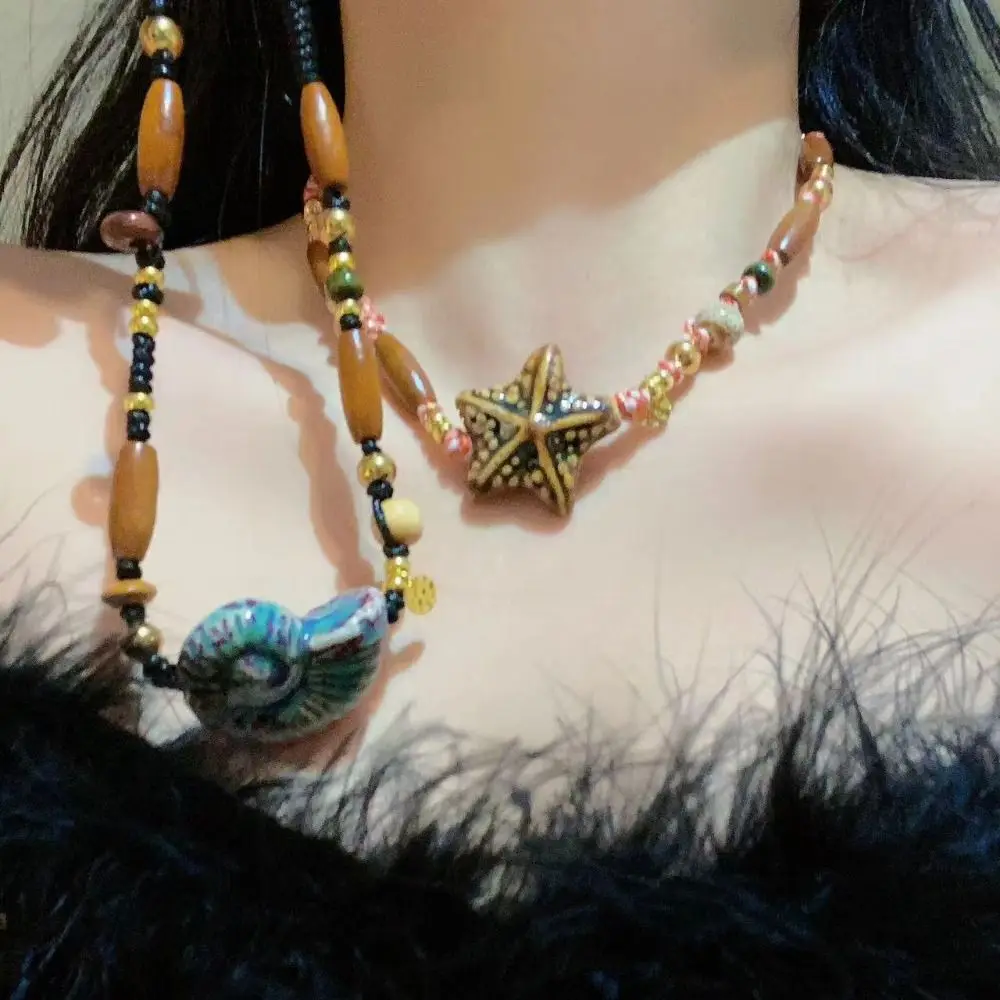 

Retro Conch Ceramic Beads Necklaces Starfish Cute Ethnic Style Necklaces Charms Decoration Bohemian Drop Pendant Women