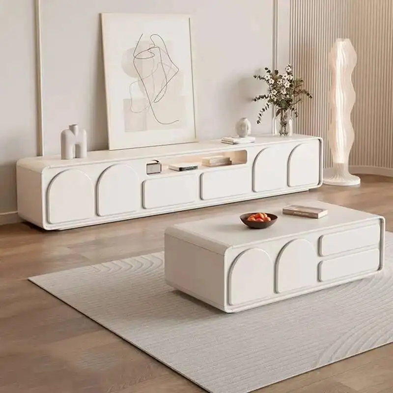 شاشة الطاولة الأبيض الموقد كريم خزائن التلفزيون الحديثة صالون فاخر عرض التلفزيون تقف الطابق Suporte الفقرة تلفزيون ديكور المنزل #4