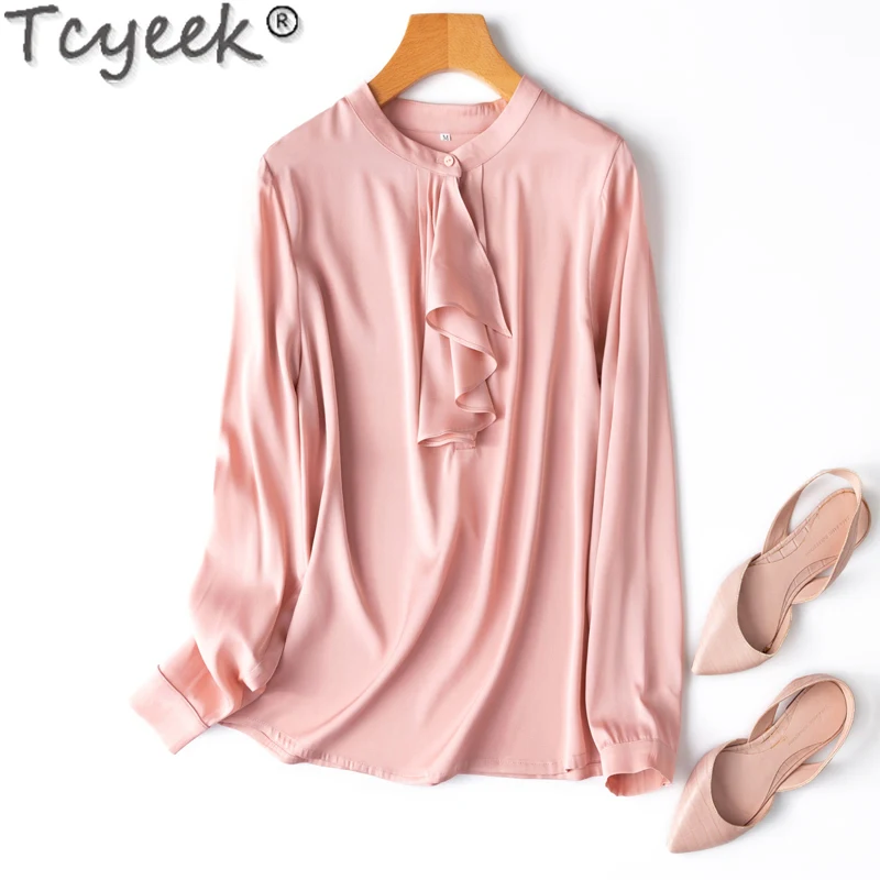 

Tcyeek 19MM 93% Mulberry Silk Blouse for Women Spring Summer Clothes Elegant Female Blouses Long Sleeve Top 2024 Blusa Feminina