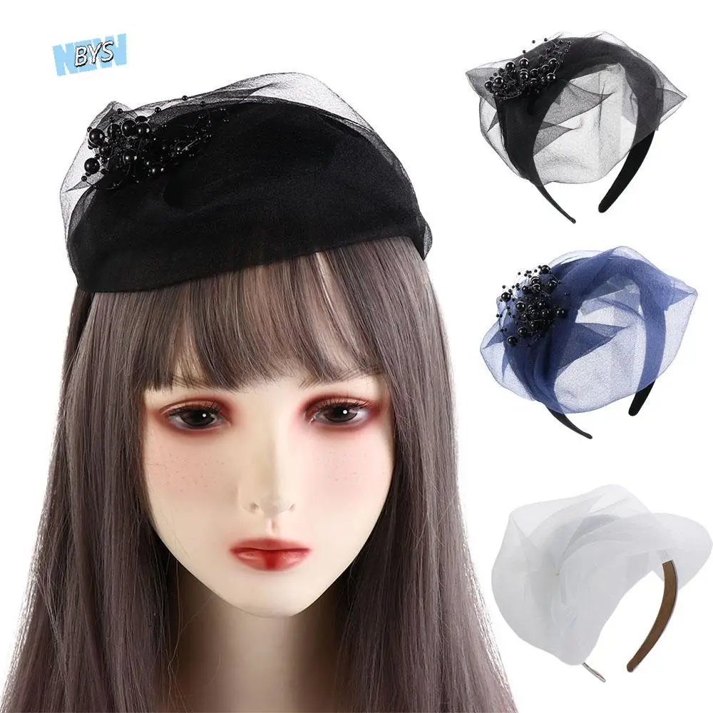 

Fashion Bead Yarn Half Hat Headband Mesh French Style Mesh Hair Hoop Hair Accessories Plastic Hat Shape Hairband Bride