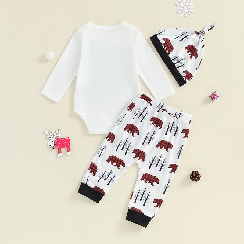 Baby Boy Girl My First Christmas Clothes Sets Long Sleeve Letter Deer Print Romper Elastic Pants with Hat 3Pcs Newborn Outfit