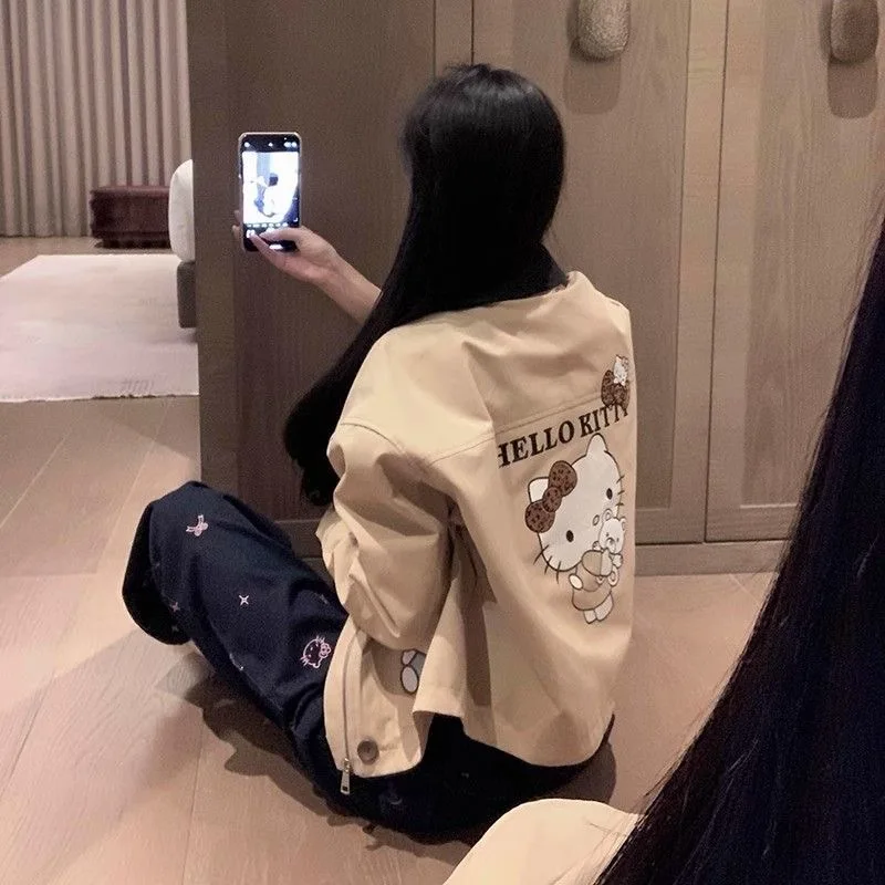 

Spring Autumn New Japanese Hello Kitty Printed Cartoon Women Jacket with Contrast Collar Short Coat Tops Y2k Clothes Windbreaker