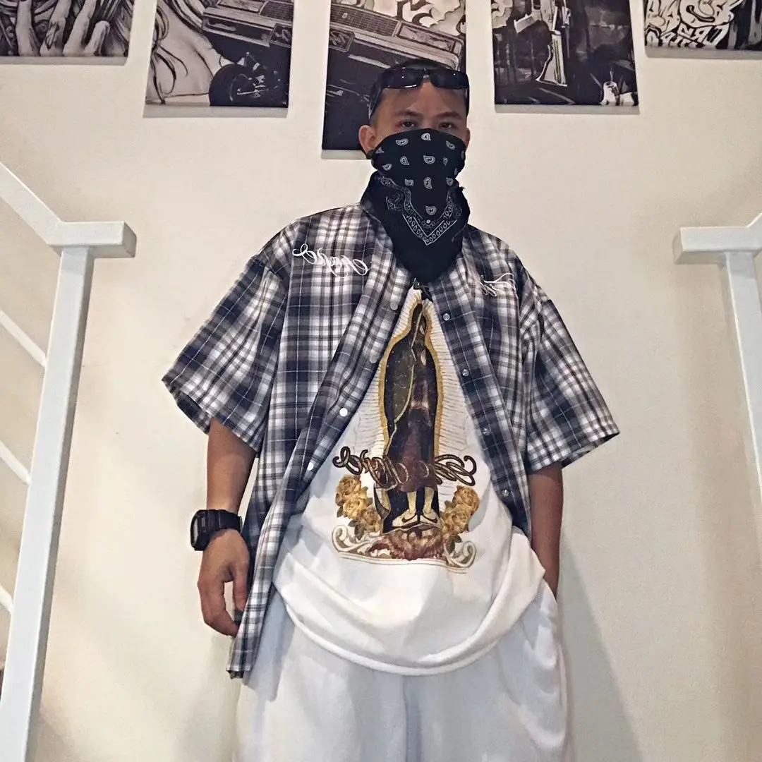 

Oversized Letter Embroidery Plaid Mens Shirts, Hiphop Dance Old School Botton Up Shirt with Short Sleeve