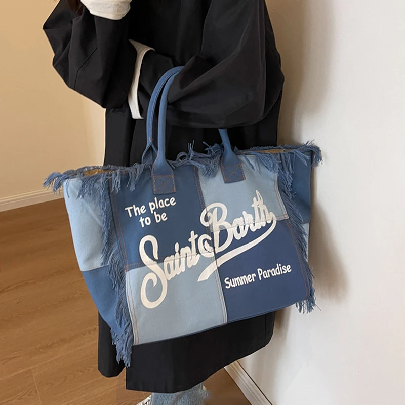 أزياء الدنيم المطبوعة حمل حقيبة سعة كبيرة حقائب الكتف ركاب اليدوية شرابة قماش الصيف الشاطئ حقيبة المرأة