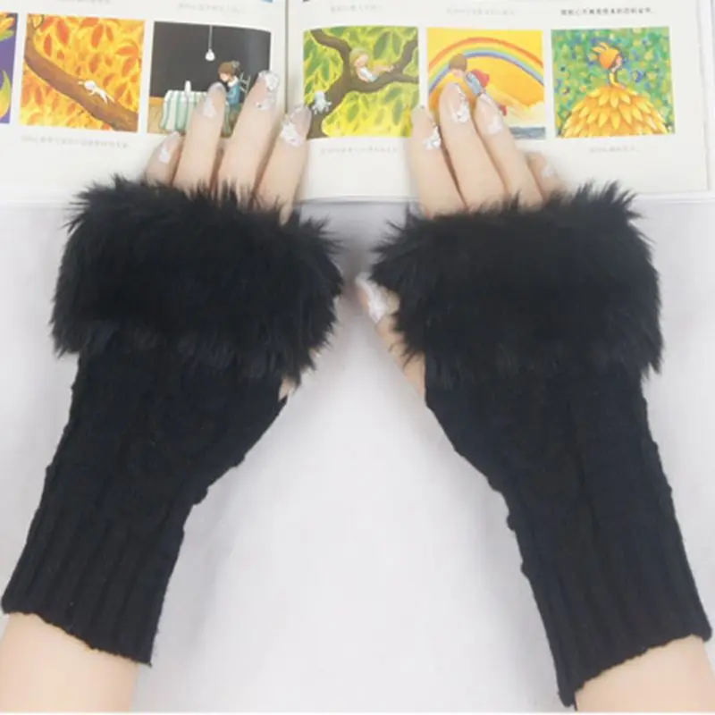 Hot Women Faux Rabbit Fur Hand Wrist Winter Warmer Fingerless Long Mitten Gloves Dropship