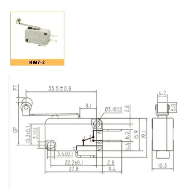 Uniteelec-Lema 5Pcs/10PcsKW7-2 Mid-longer Metal Roller Lever Copper Electric  CE,CCC,VDE Approvals Grey Micro Limit SwitchP'c's