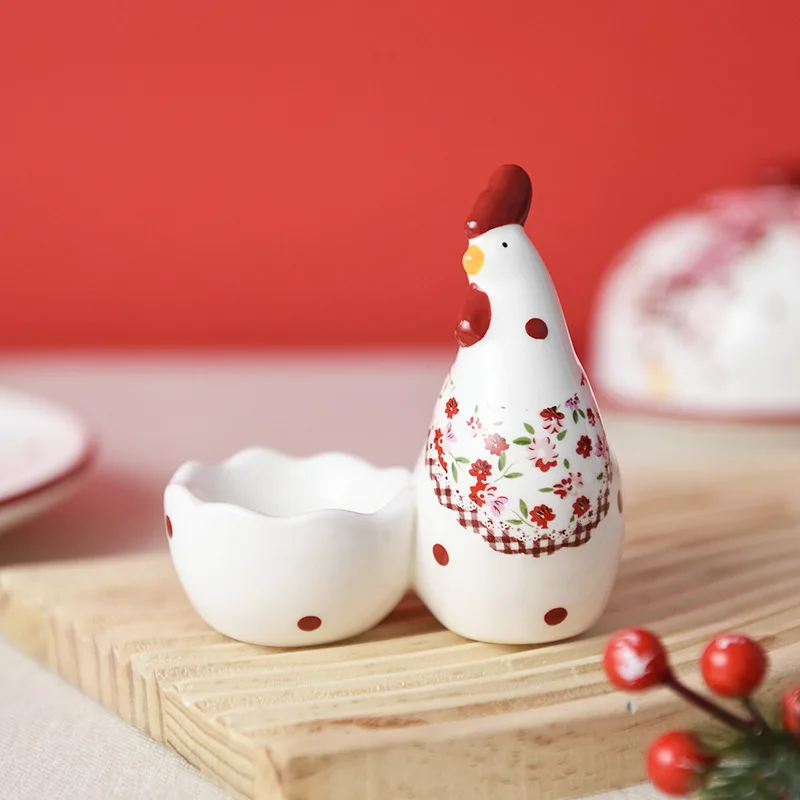 European Ceramic Egg Cup Red Hen Decoration Creative Egg Tray Exquisite Household Fruit Dessert Cup Kitchen Decoration Supplies