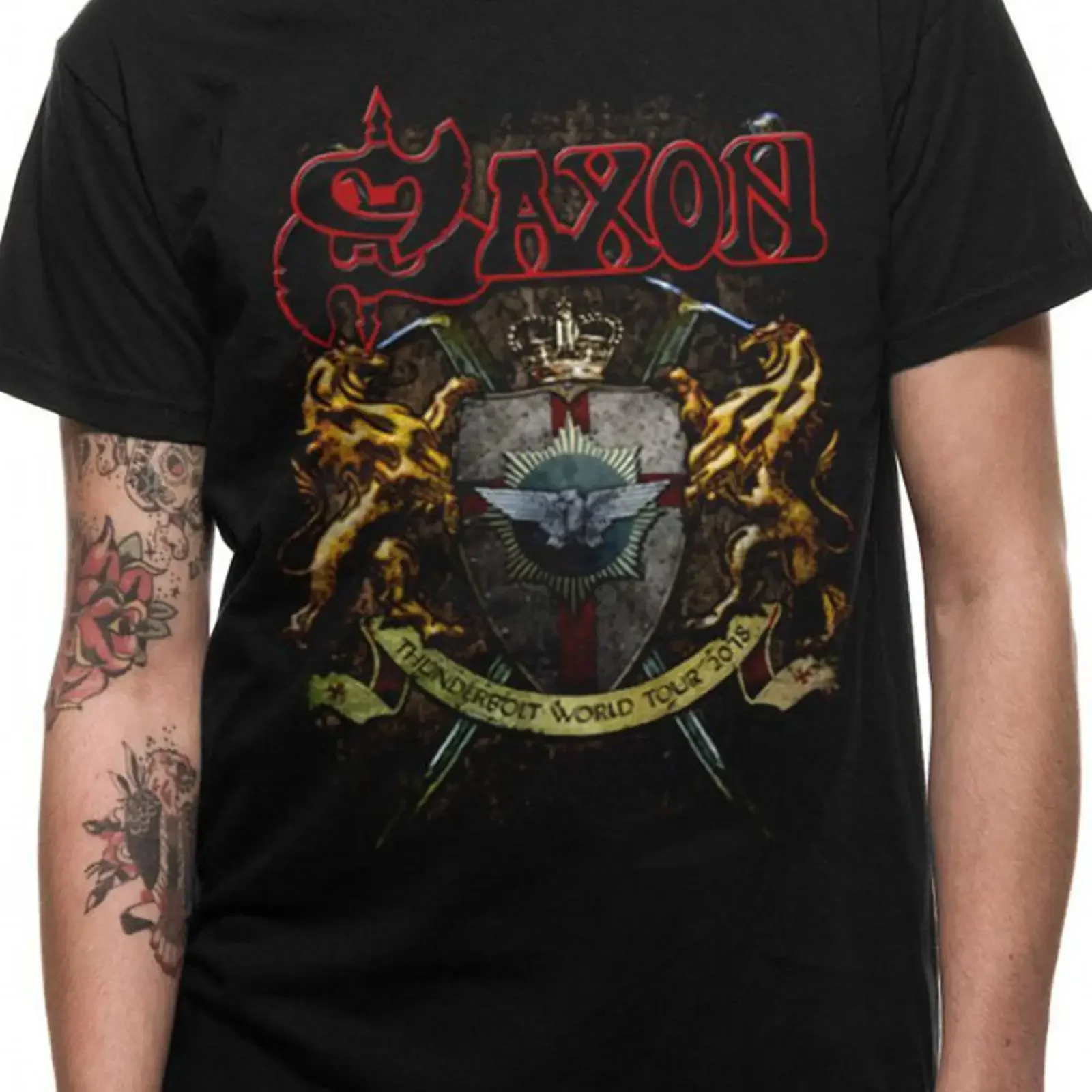 coole fun t shirts prinT Shirt SAXON band Thunder Bolt black SML vintage Washed Stylish Slightly Versatile Comfortable