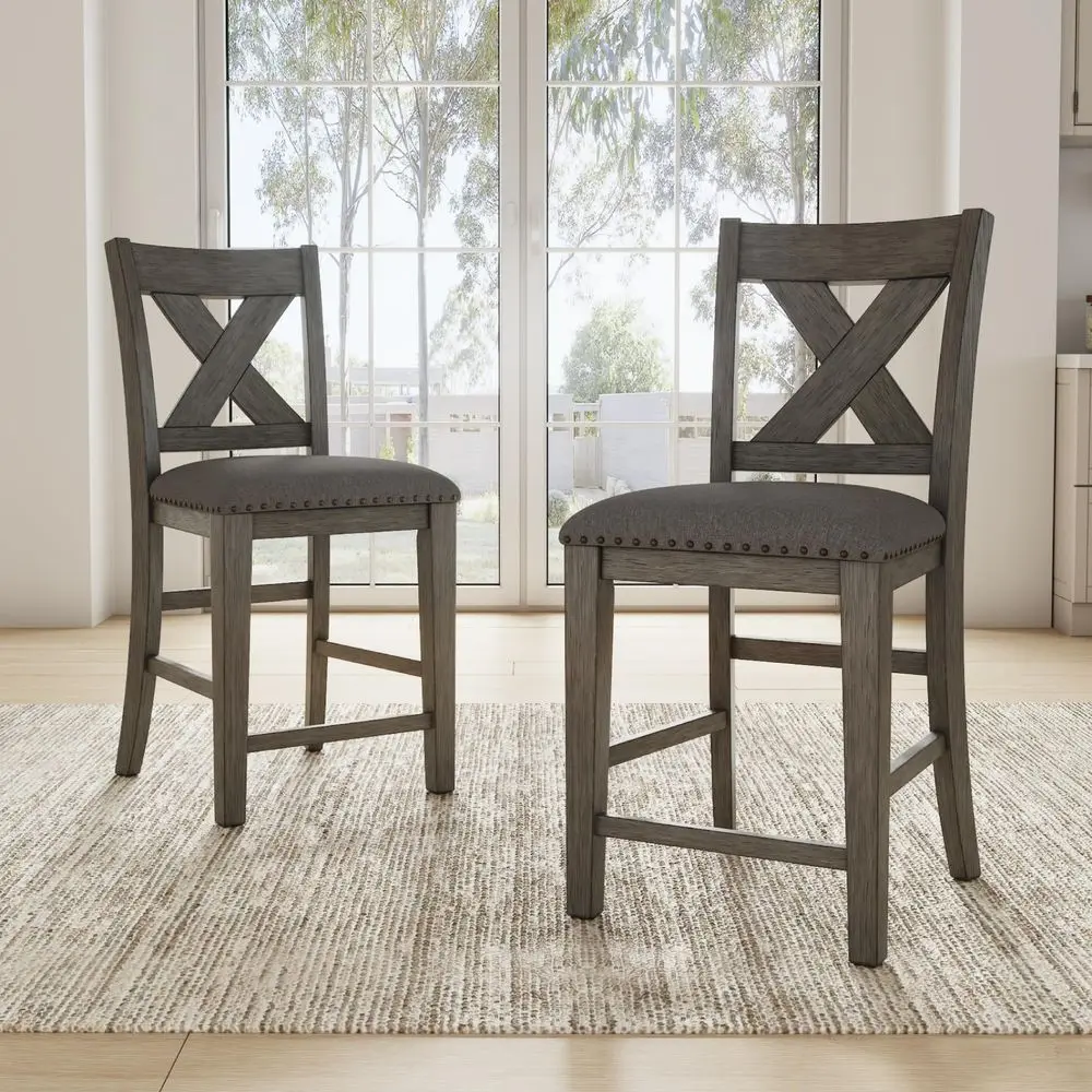 Caitbrook Rustic 24.63 Counter Height Upholstered Barstool, Set of 2, Gray