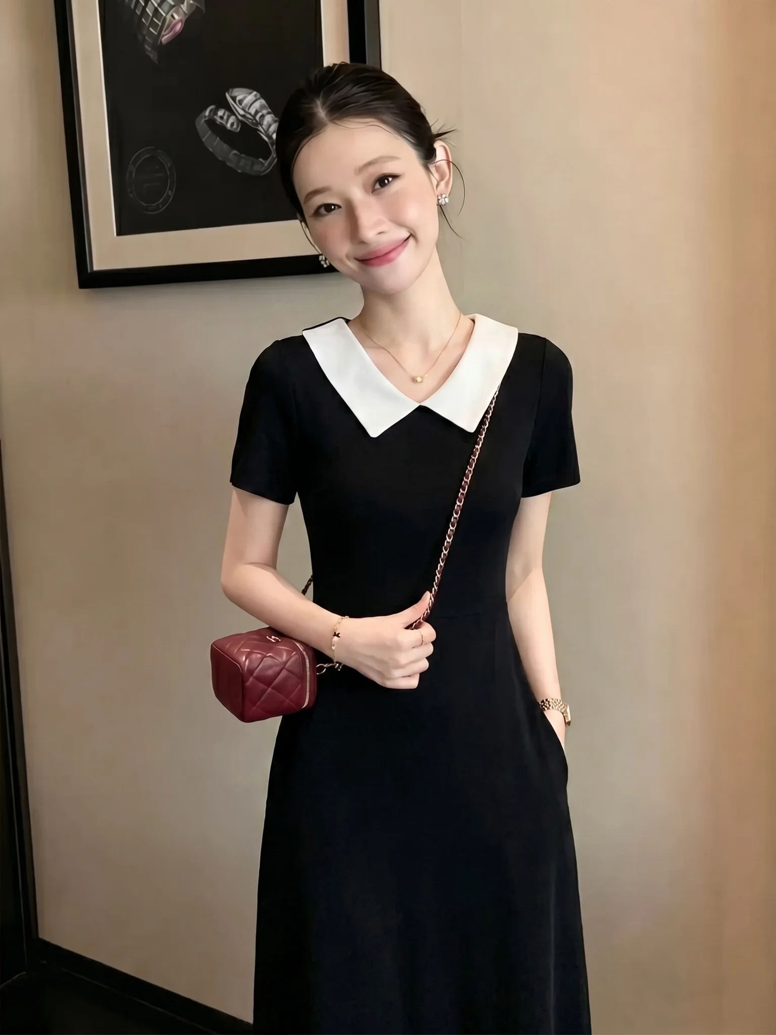 

Elegant Ladylike Style Age-Defying Dress Slimming Mid-Length A-Line Skirt Fashionable Turn-down Collar Summer 2026 Silk Blend
