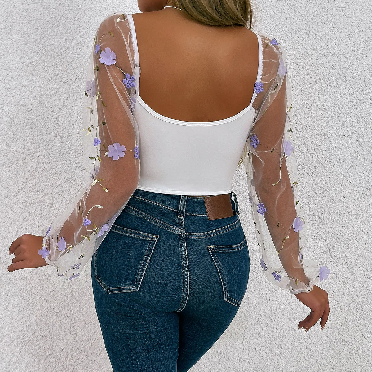 Fashion Gauze Floral Long Sleeve Crop Tops for Women Sexy Backless Corset Summer Clothes Slim Camisole Fishbone Bustier Tank Top