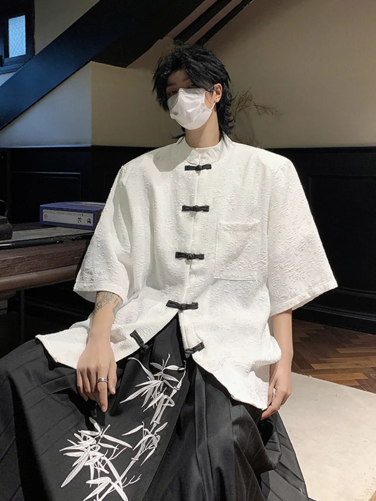 

Новая китайская мужская летняя повседневная верхняя одежда Hanfu с коротким рукавом, тонкая, на пуговицах, из ледяного шелка, молодежная мода