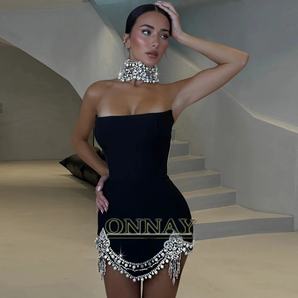 

Customized Classic Pearls Homecoming Dresses Strapless Rhinestones Bespoke Cocktail Prom Party Gown for Women Vestidos De Noche