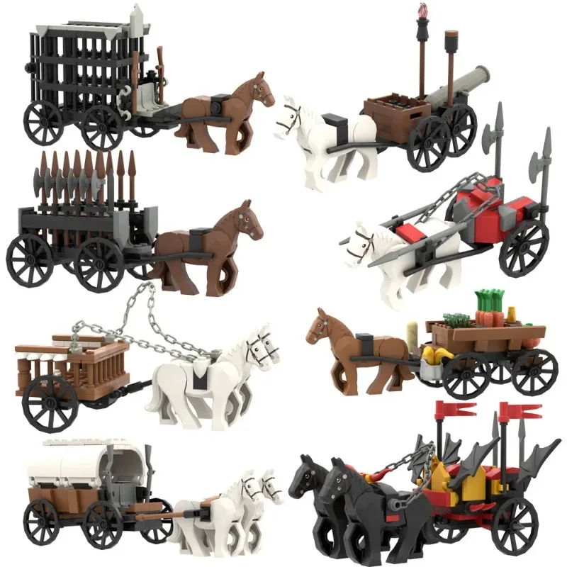 DIY medieval cavalry military vehicle, MOC model of chariot, creative Tijolos, children's educational toys, urban creativity.