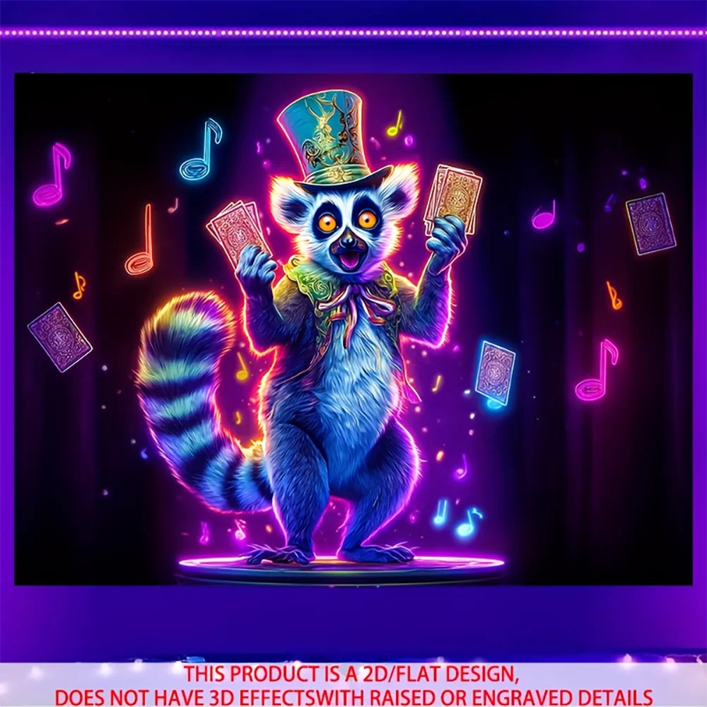 1pc Neon Lemur Magician Wall Tapestry, UV Blacklight Funny Animal Stage Performance Decor for Bedroom Living Room Party